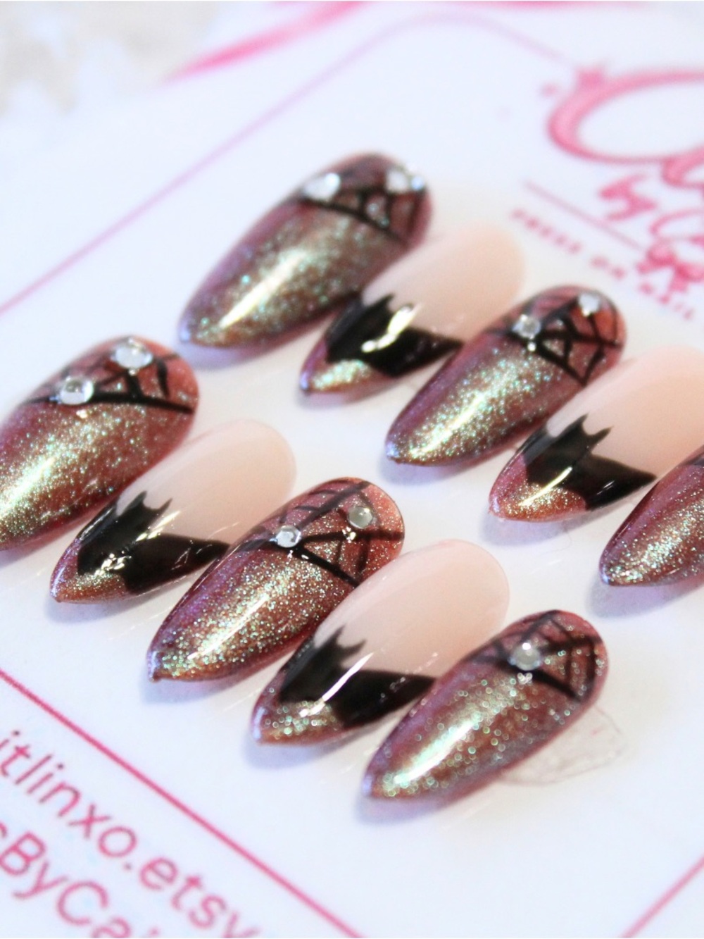Glitter Chameleon spider web and bat acrlyic gel press on nail